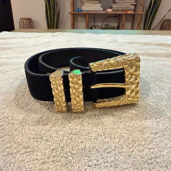 Vtg Dame Belt & Bag Black Leather Gold Chunky M Womens Gaudy  80s 90s 27-31” main image 10